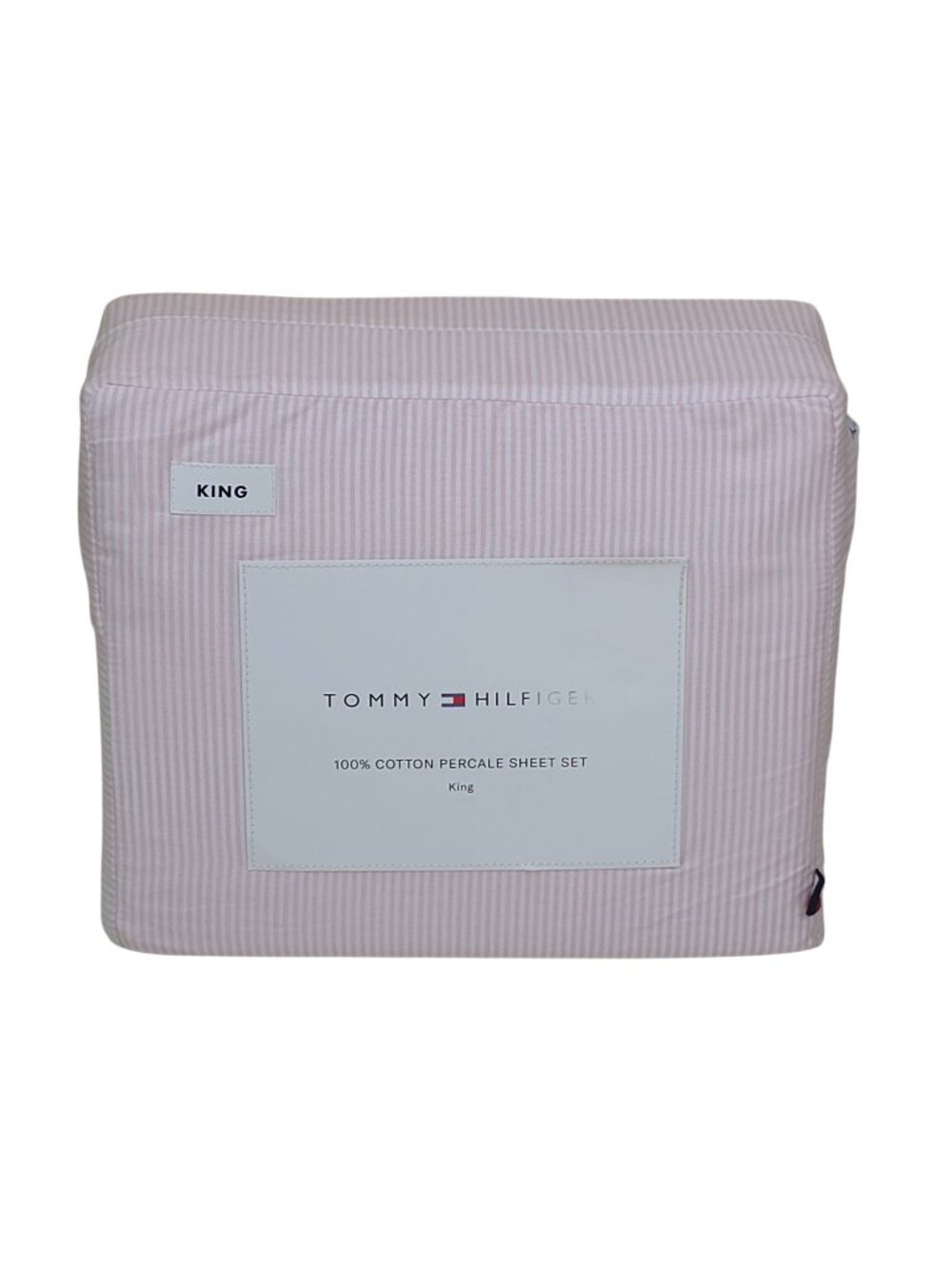 Tommy Hilfiger King 100% Cotton Percale Sheet Set Pink & White Ithaca Stripe